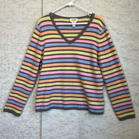 Talbots 100% Cashmere Sweater Multicolored Pastel Stripe Women’s V-Neck Size XL - Picture 1 of 12